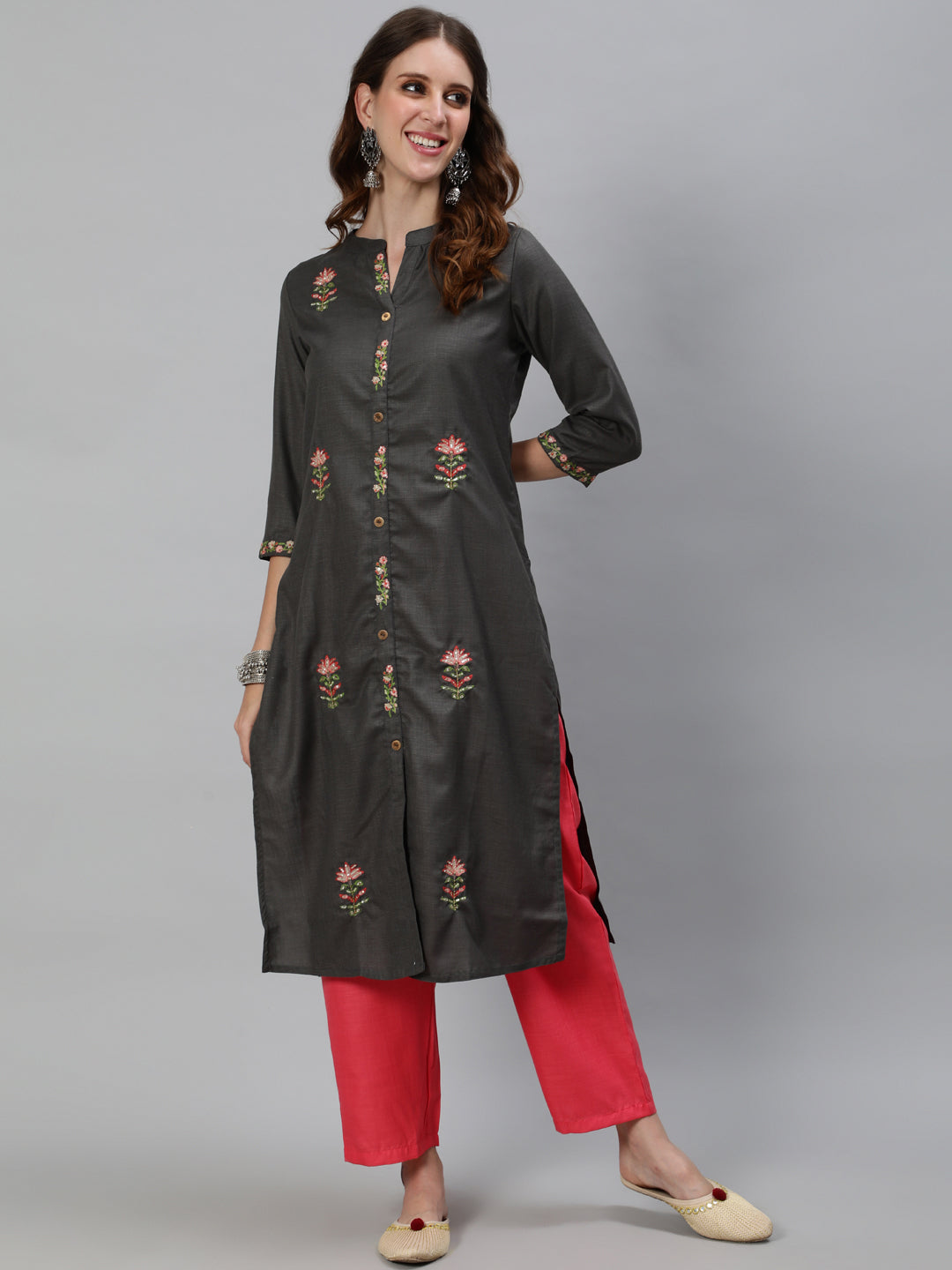 Women's Grey Embroidered Kurta With Pant