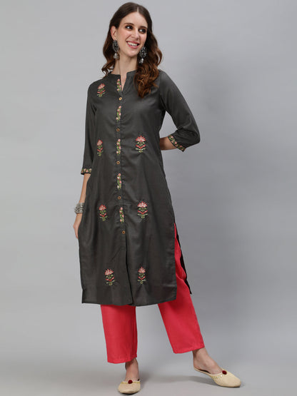 Women's Grey Embroidered Kurta With Pant