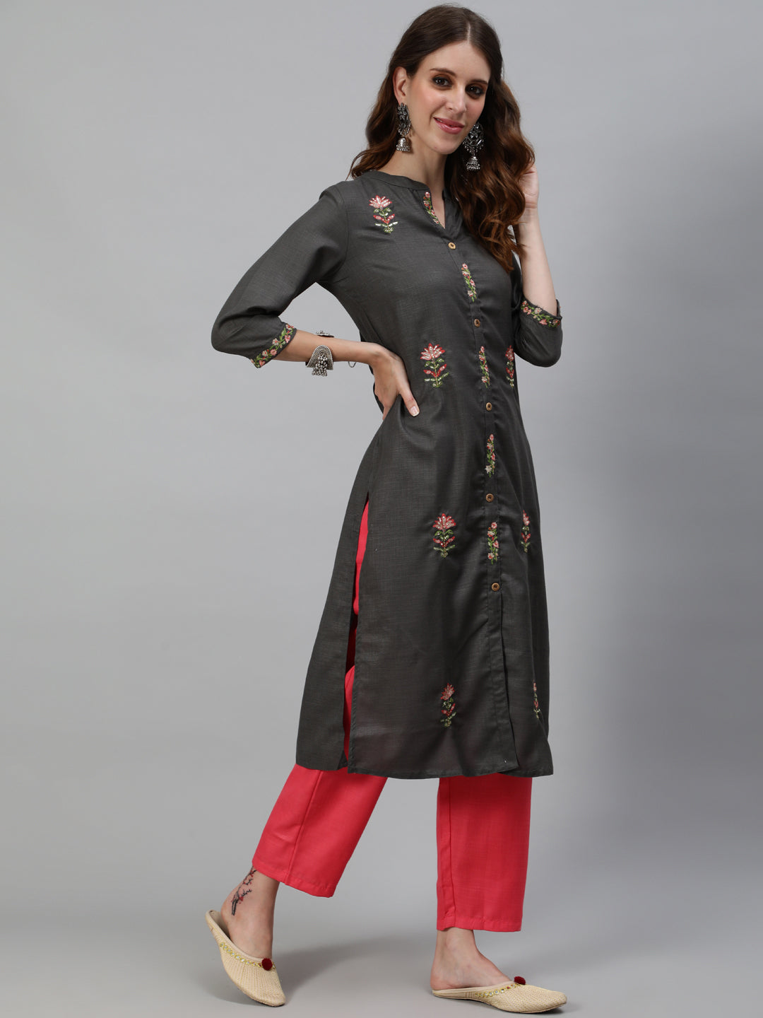 Women's Grey Embroidered Kurta With Pant