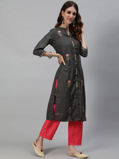 Women's Grey Embroidered Kurta With Pant