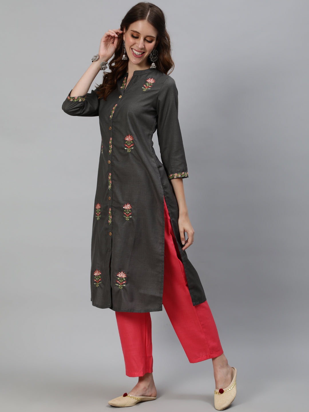 Women's Grey Embroidered Kurta With Pant