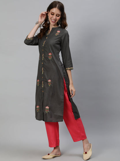 Women's Grey Embroidered Kurta With Pant