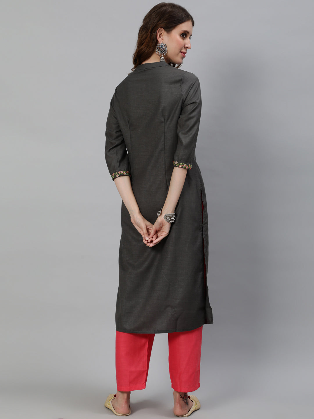 Women's Grey Embroidered Kurta With Pant