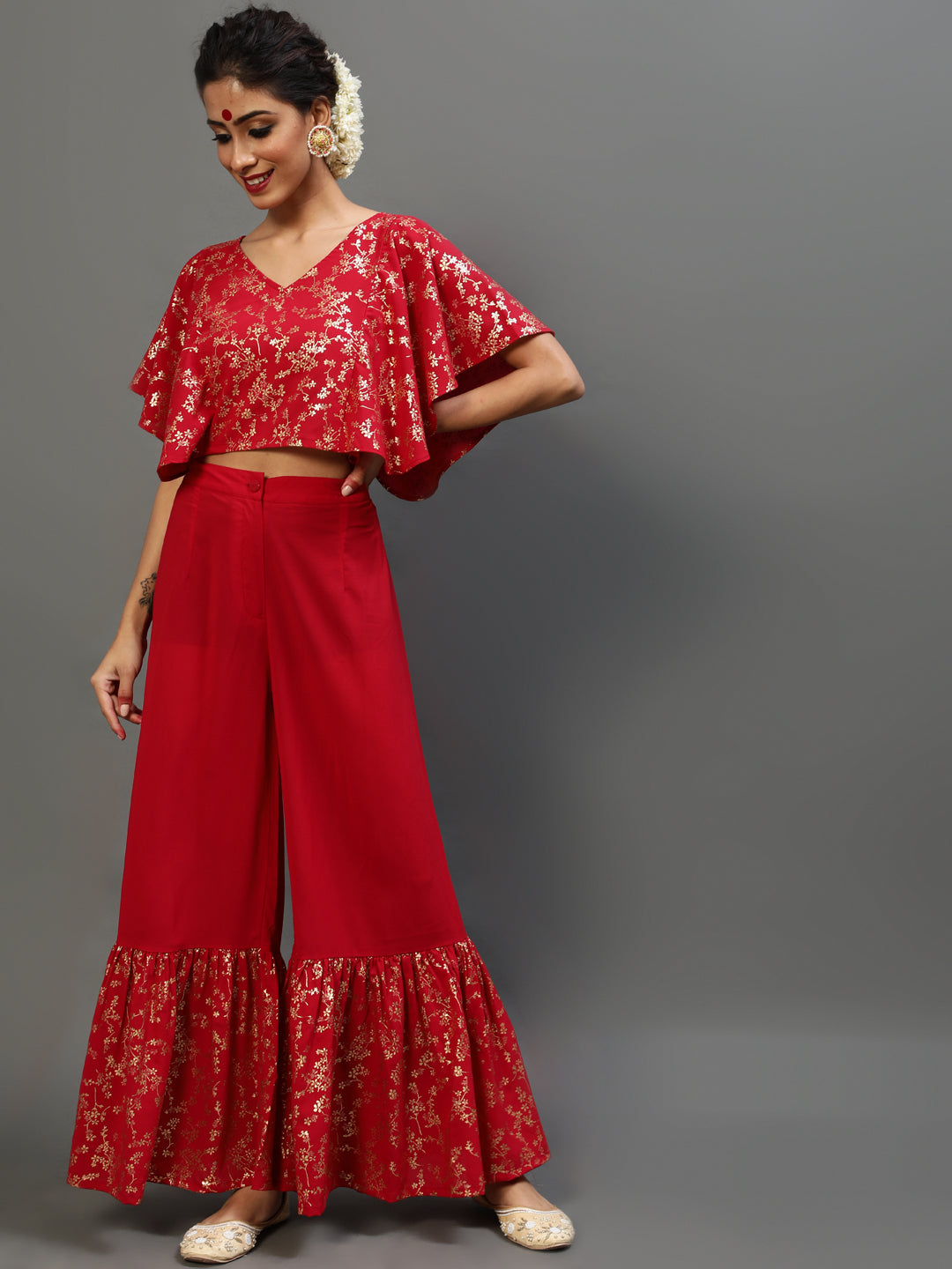 Women's Red Gold Printed Co Ord Set