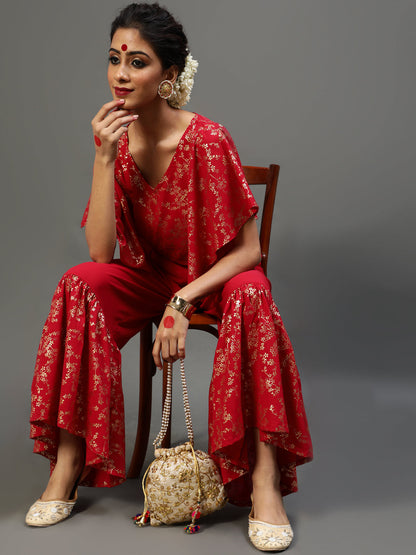 Women's Red Gold Printed Co Ord Set