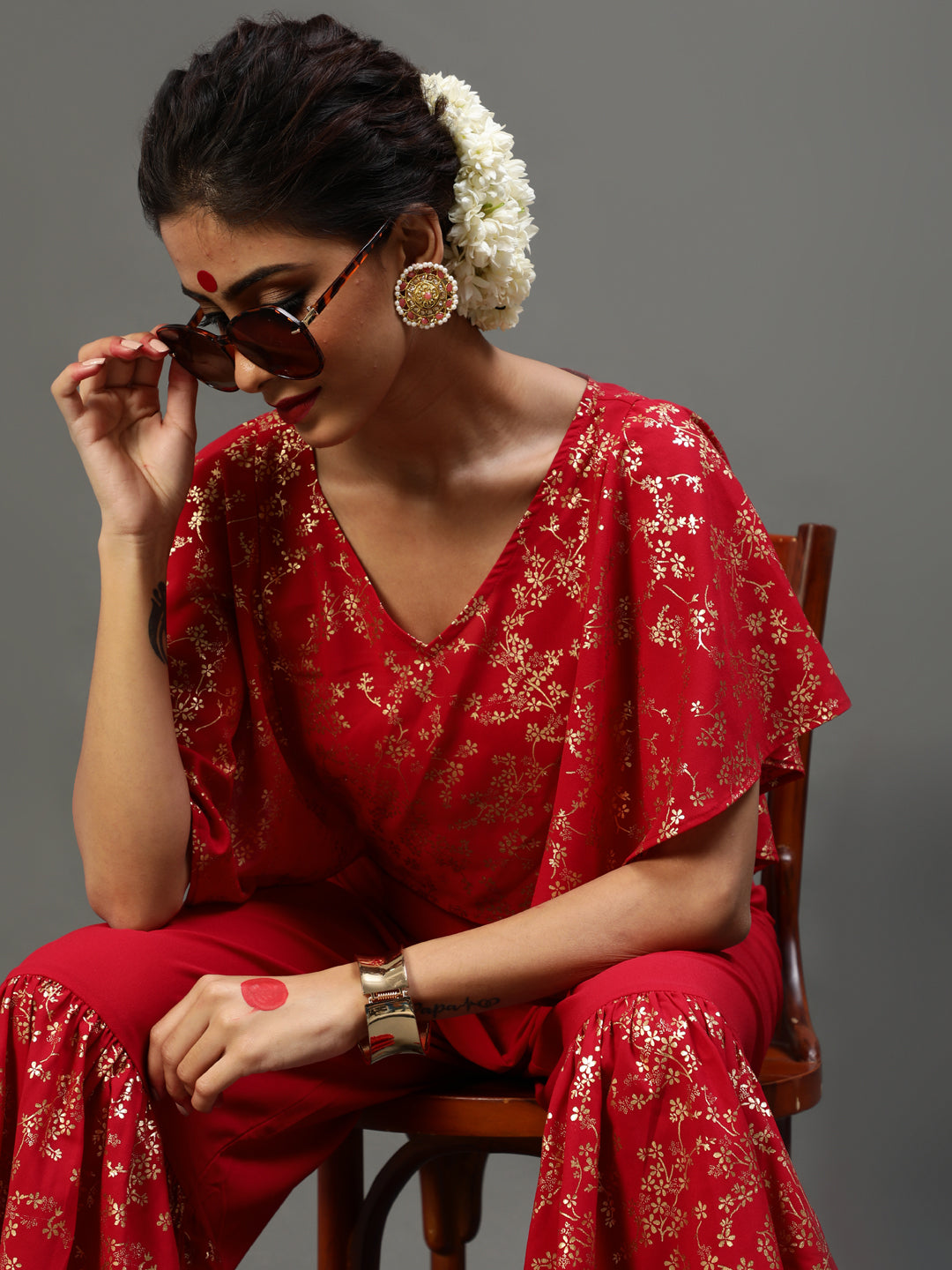 Women's Red Gold Printed Co Ord Set