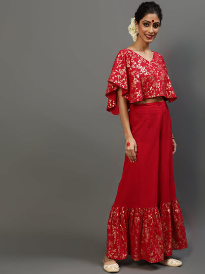 Women's Red Gold Printed Co Ord Set