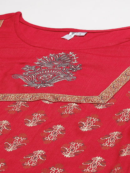 Women's Red Gold Print Kurta With Palazzo