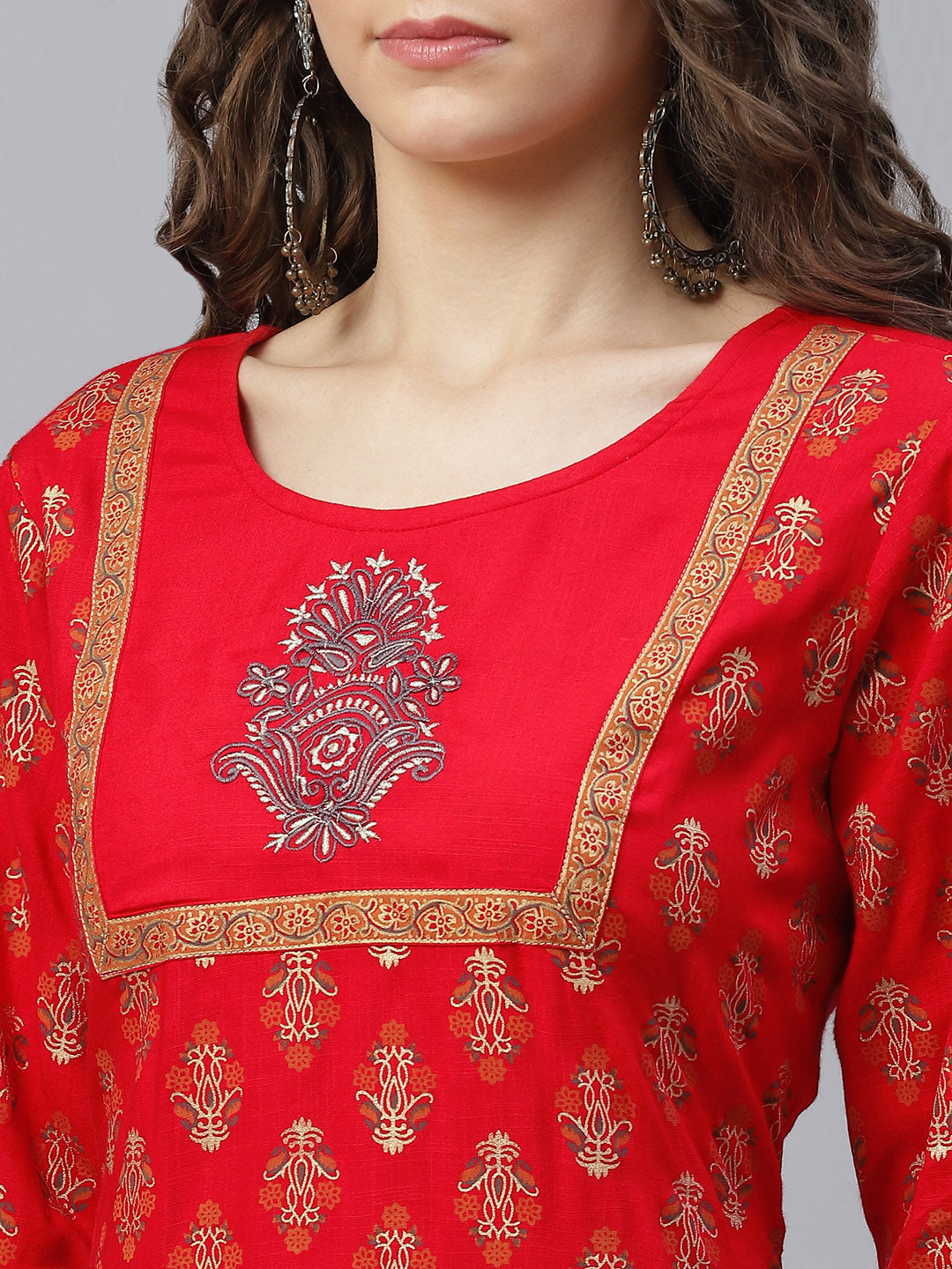 Women's Red Gold Print Kurta With Palazzo
