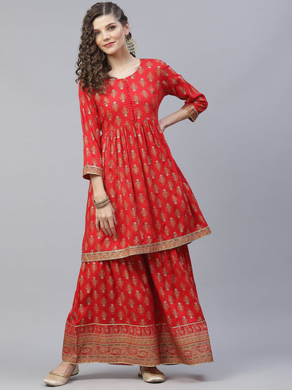 Women's Red Gold Printed Gathered Kurta With Sharara