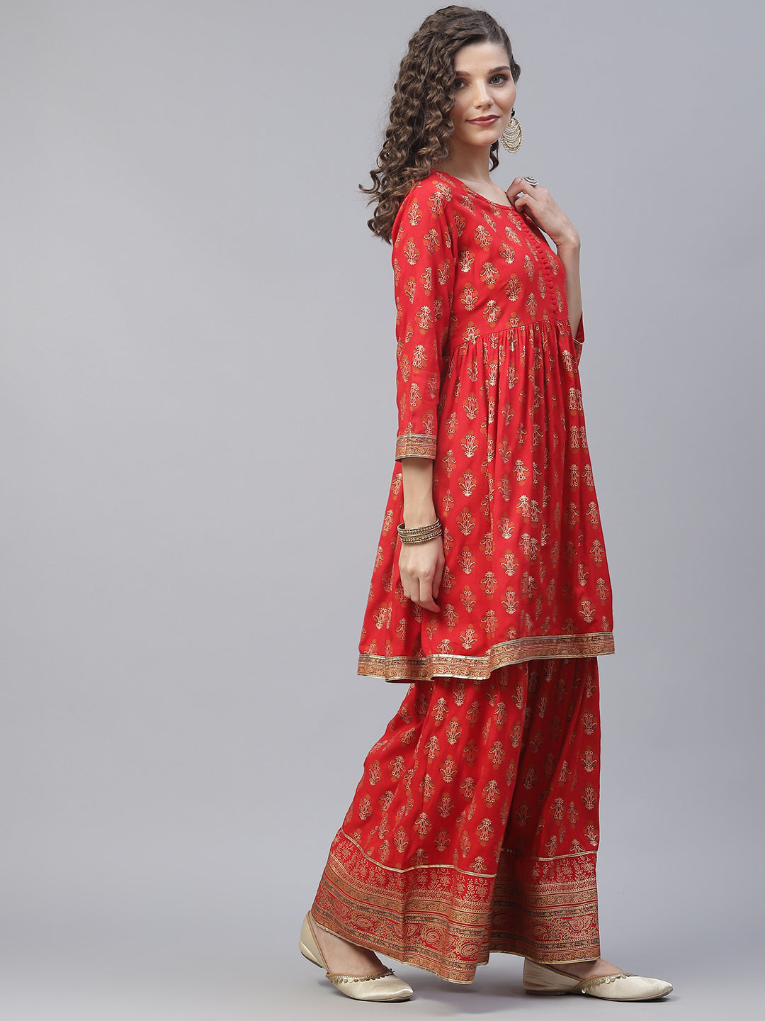 Women's Red Gold Printed Gathered Kurta With Sharara