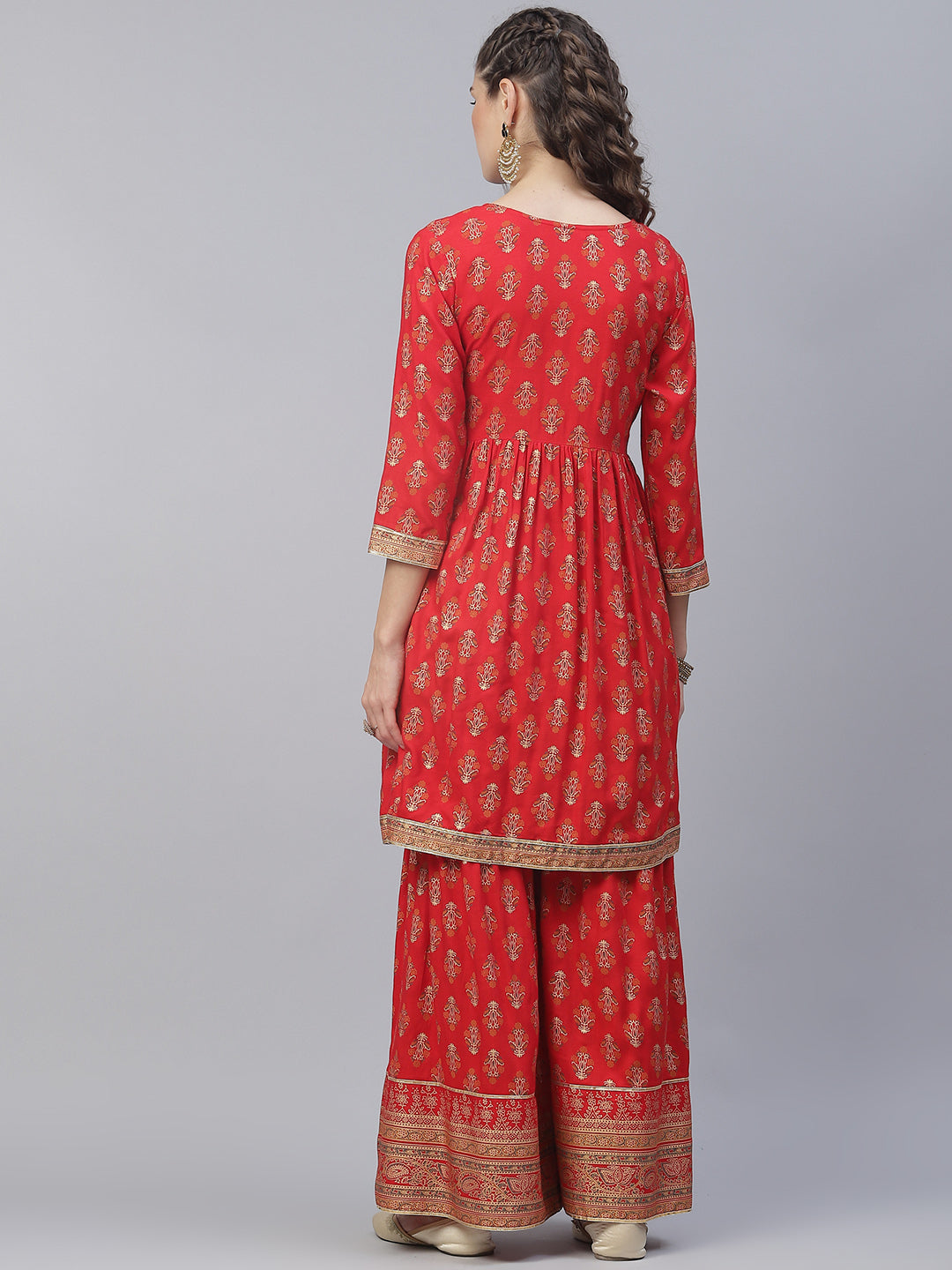 Women's Red Gold Printed Gathered Kurta With Sharara