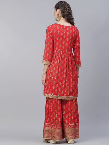 Women's Red Gold Printed Gathered Kurta With Sharara
