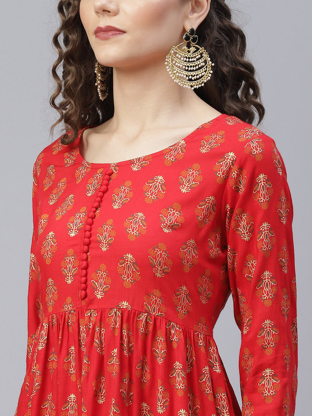 Women's Red Gold Printed Gathered Kurta With Sharara