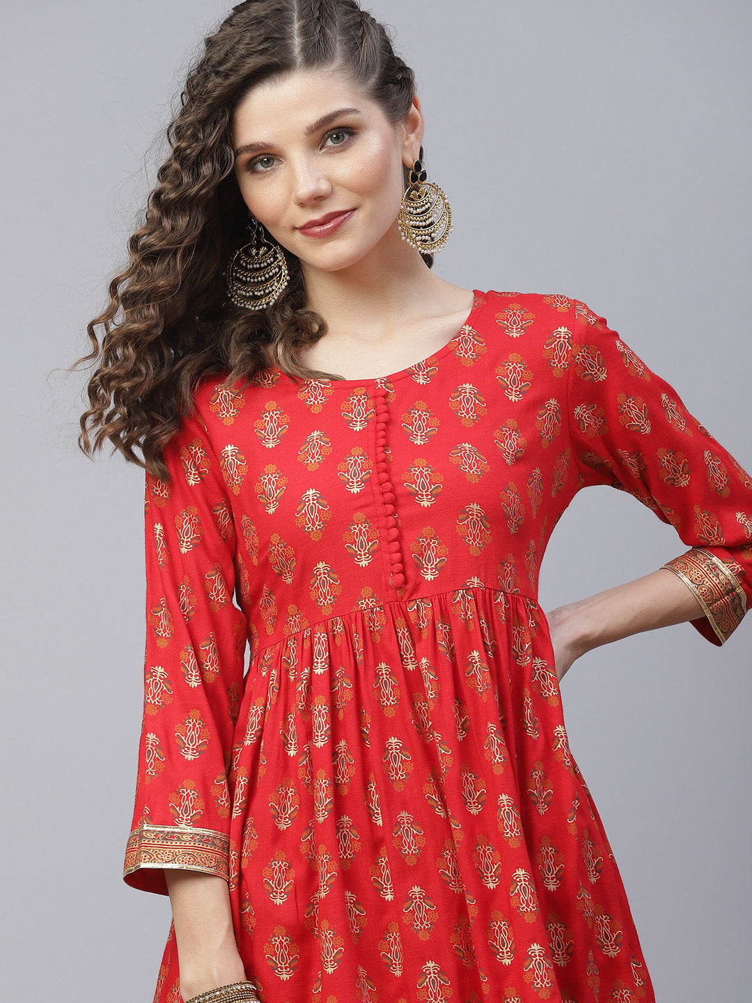 Women's Red Gold Printed Gathered Kurta With Sharara