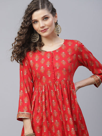 Women's Red Gold Printed Gathered Kurta With Sharara