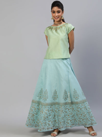Women's Pastel Blue Block Print Lehenga Choli