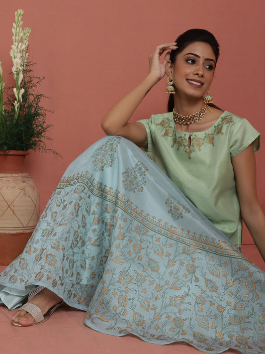 Women's Pastel Blue Block Print Lehenga Choli