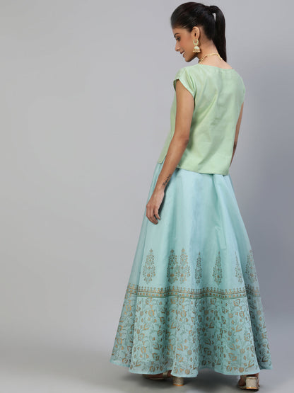 Women's Pastel Blue Block Print Lehenga Choli
