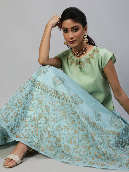 Women's Pastel Blue Block Print Lehenga Choli