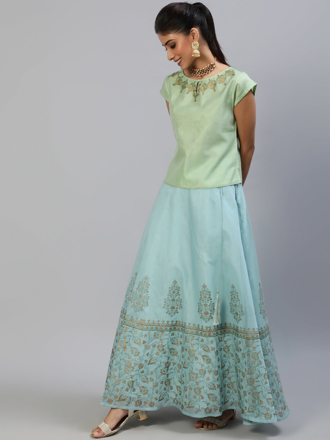 Women's Pastel Blue Block Print Lehenga Choli