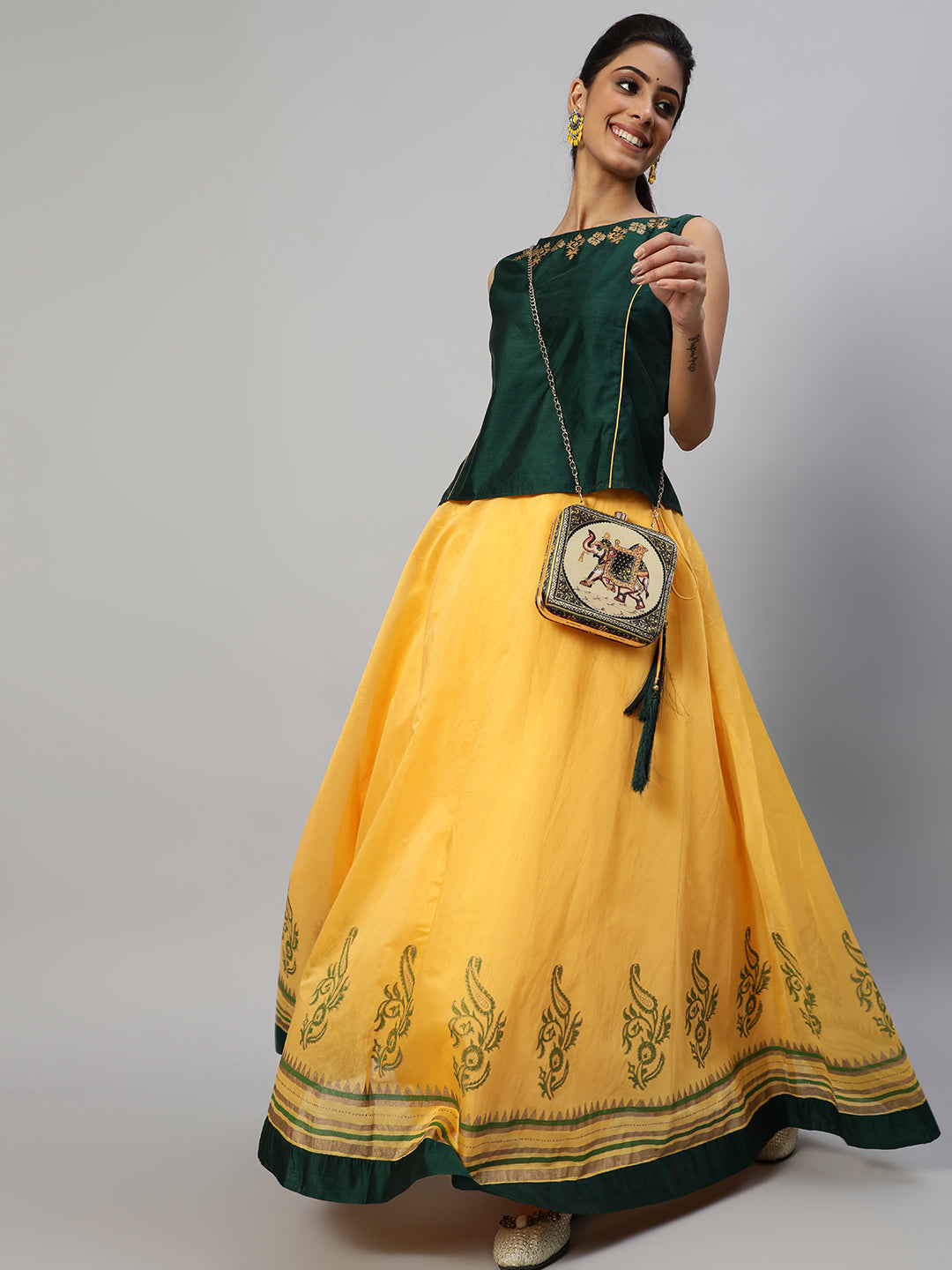 Women's Yellow Block Print Lehenga Choli
