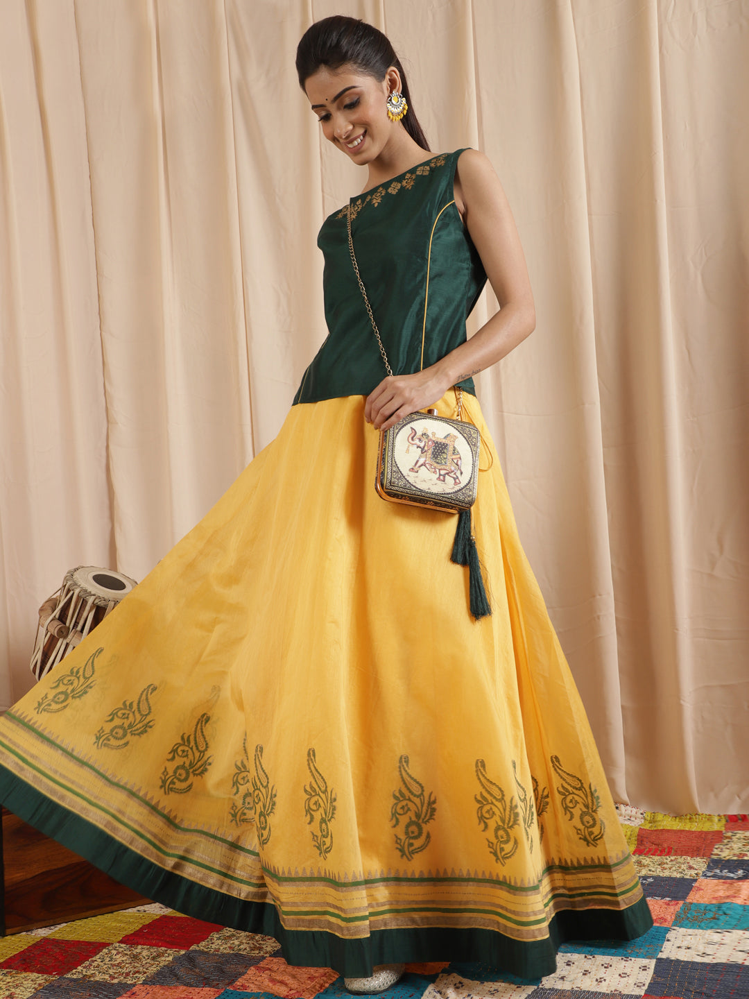 Women's Yellow Block Print Lehenga Choli