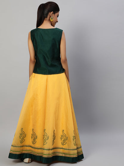 Women's Yellow Block Print Lehenga Choli
