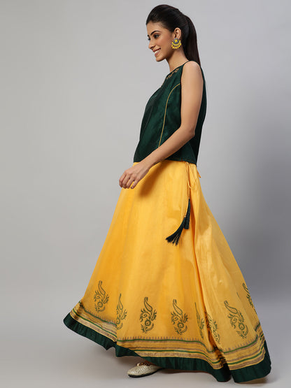 Women's Yellow Block Print Lehenga Choli