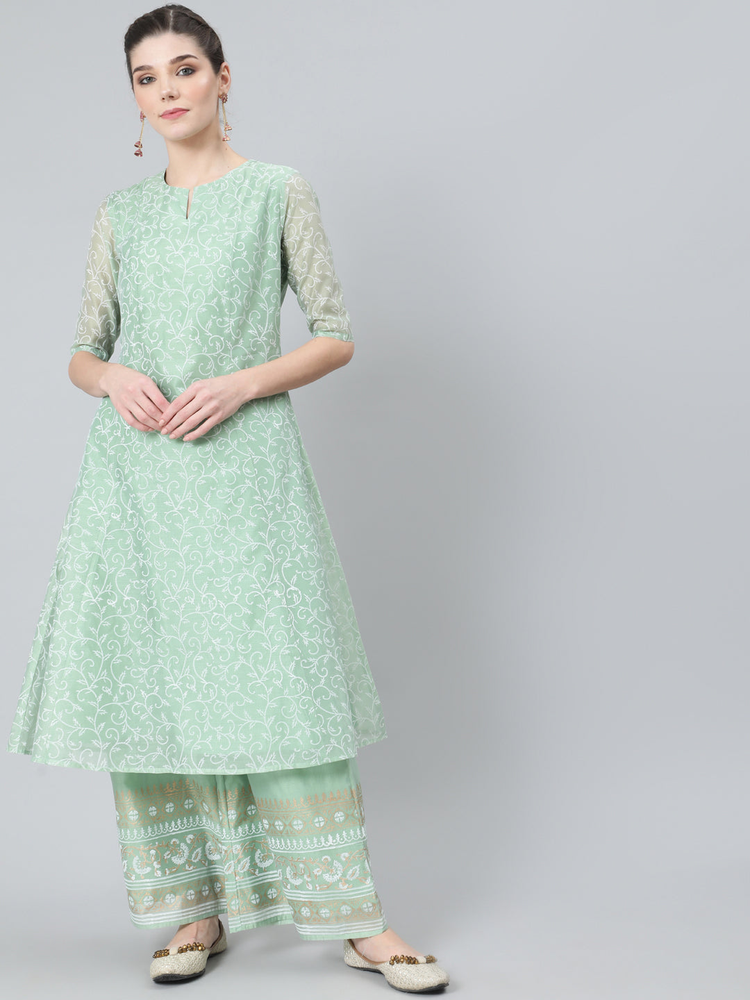 Women's Pastel Green Block Print A-Line Kurta With Palazzo