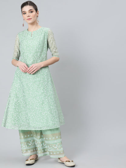 Women's Pastel Green Block Print A-Line Kurta With Palazzo
