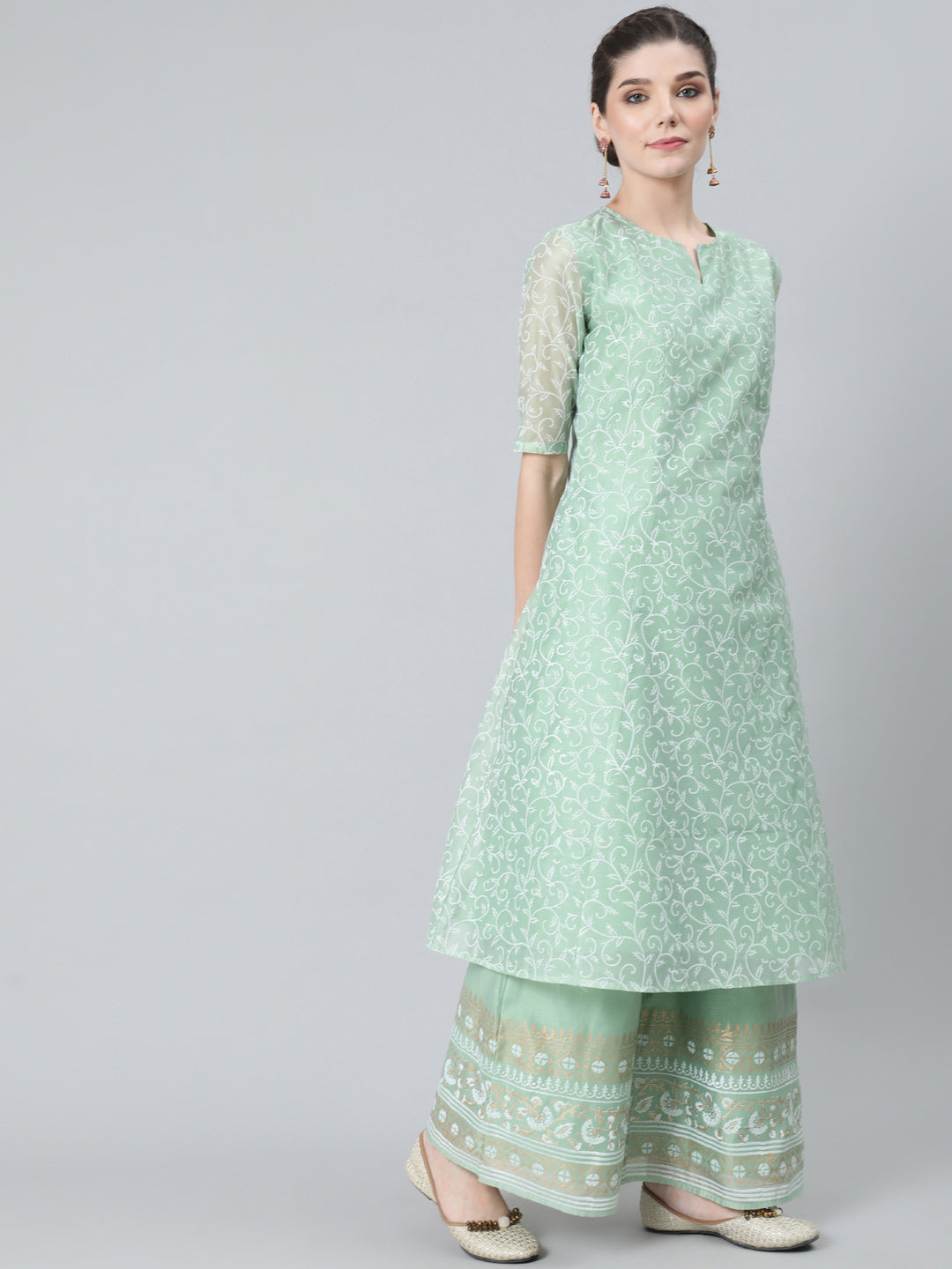 Women's Pastel Green Block Print A-Line Kurta With Palazzo