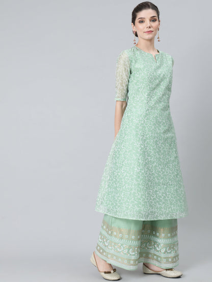 Women's Pastel Green Block Print A-Line Kurta With Palazzo