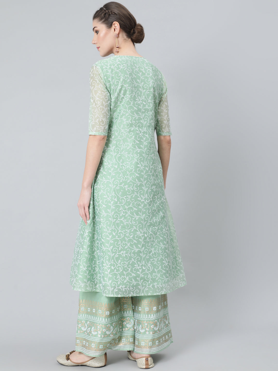 Women's Pastel Green Block Print A-Line Kurta With Palazzo