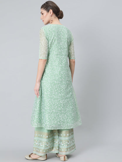 Women's Pastel Green Block Print A-Line Kurta With Palazzo