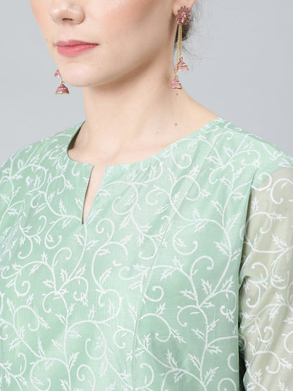 Women's Pastel Green Block Print A-Line Kurta With Palazzo