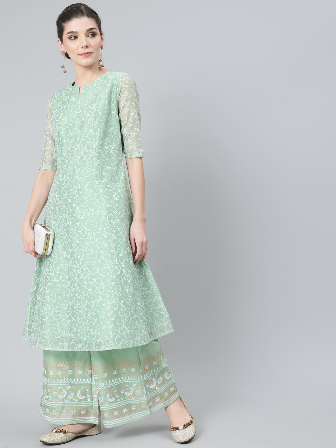 Women's Pastel Green Block Print A-Line Kurta With Palazzo