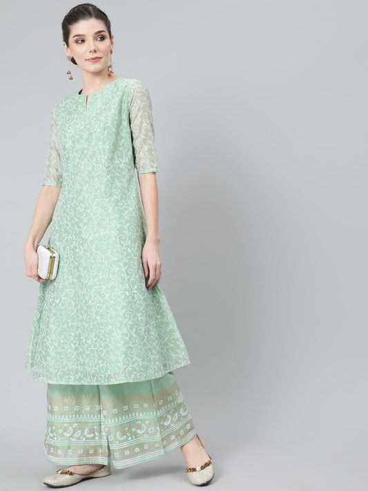 Women's Pastel Green Block Print A-Line Kurta With Palazzo