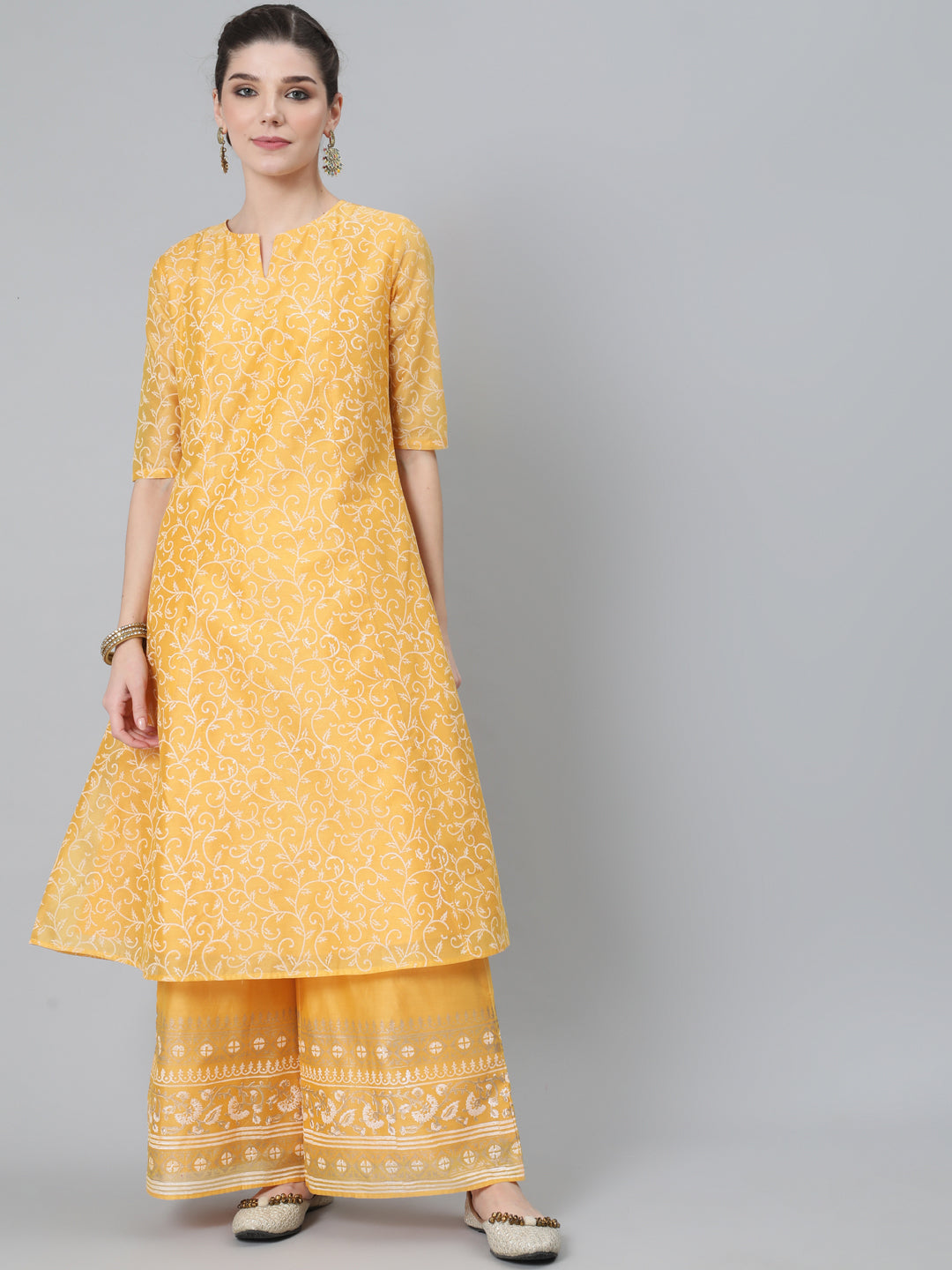 Women's Yellow Block Print A-Line Kurta With Palazzo Set