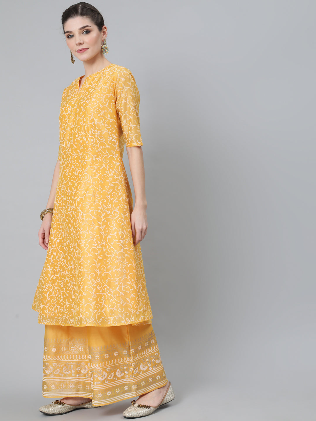 Women's Yellow Block Print A-Line Kurta With Palazzo Set