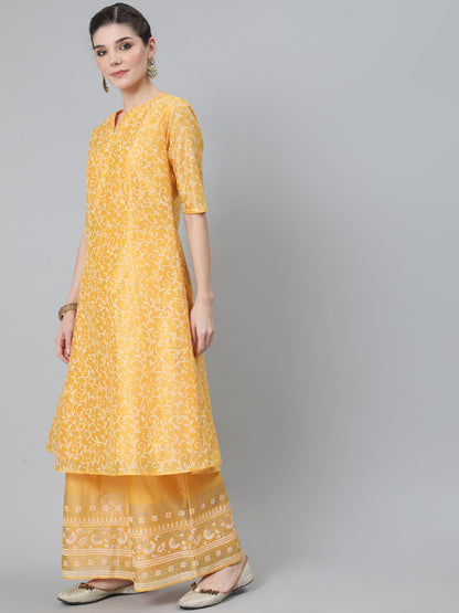 Women's Yellow Block Print A-Line Kurta With Palazzo Set