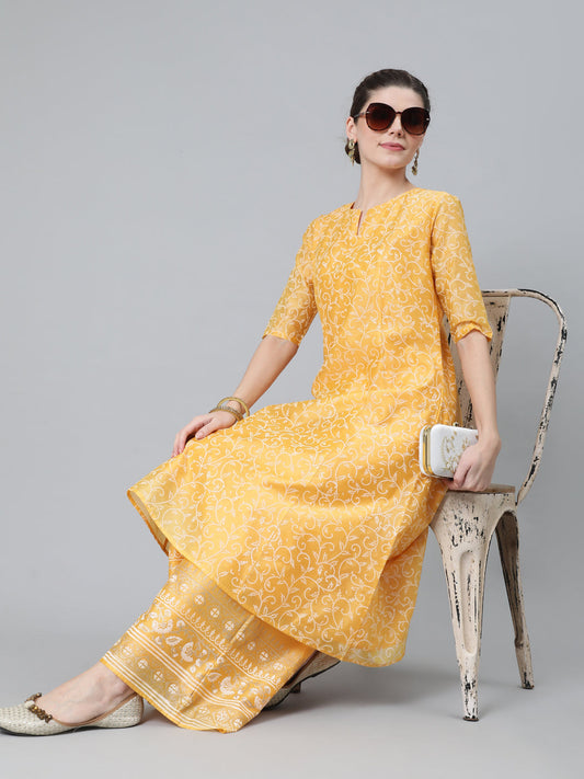Women's Yellow Block Print A-Line Kurta With Palazzo Set