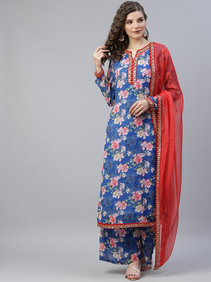 Women's Blue Floral Print Kurta Palazzo With Dupatta
