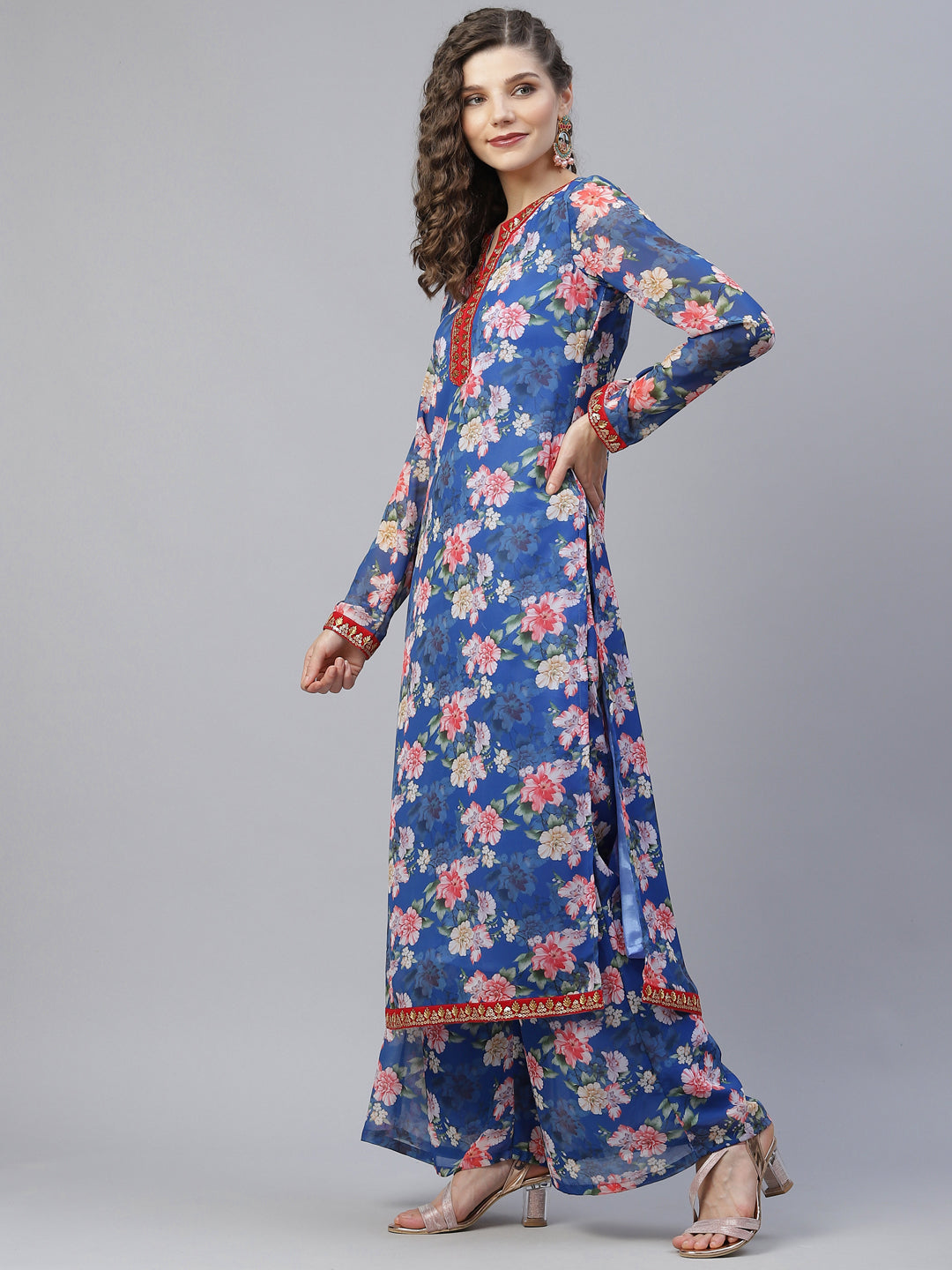 Women's Blue Floral Print Kurta Palazzo With Dupatta