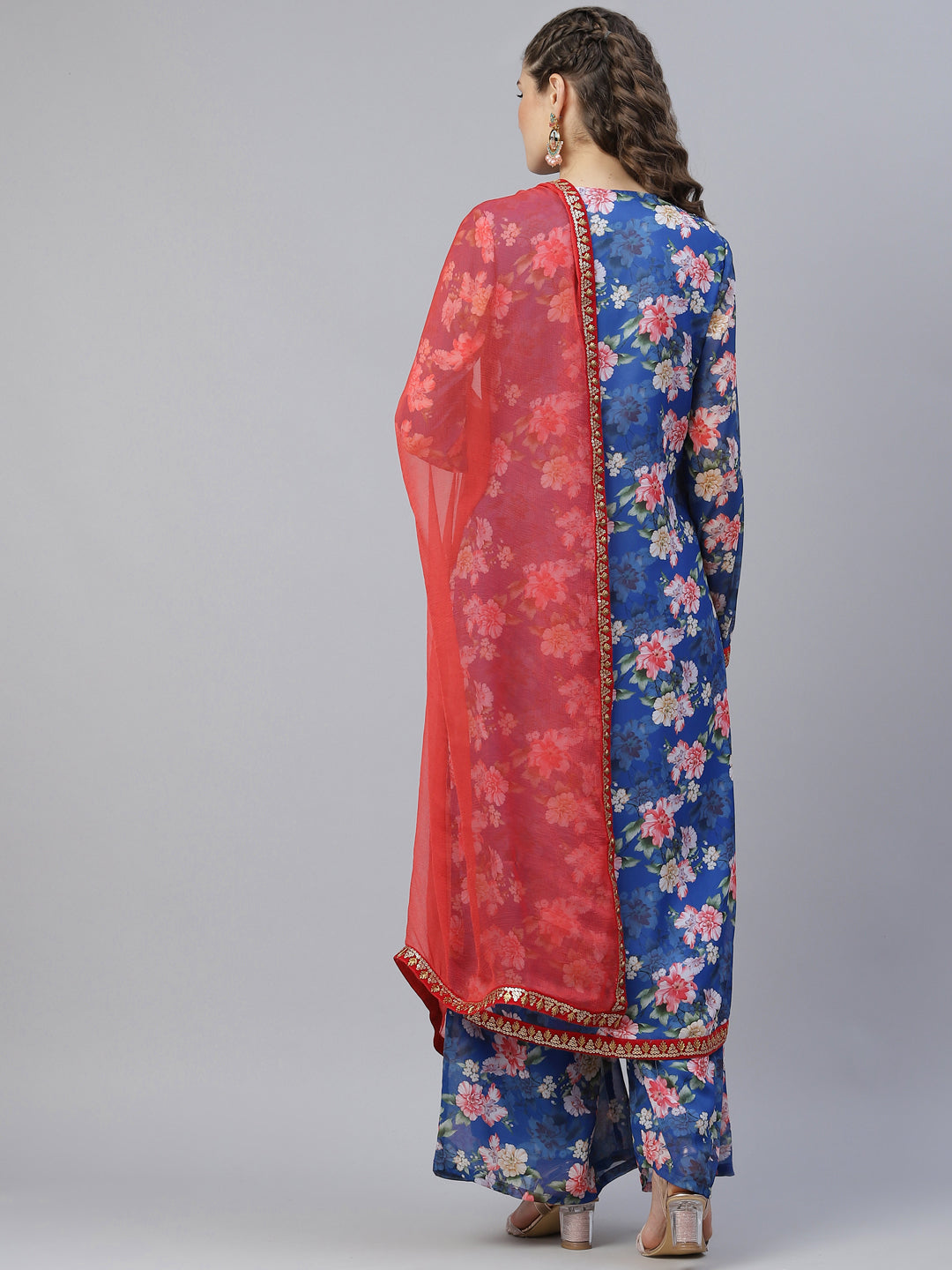 Women's Blue Floral Print Kurta Palazzo With Dupatta