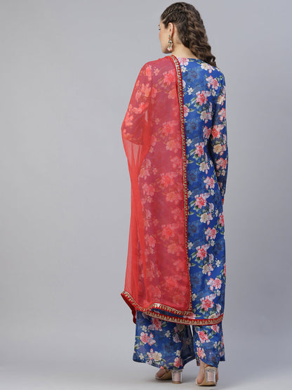Women's Blue Floral Print Kurta Palazzo With Dupatta
