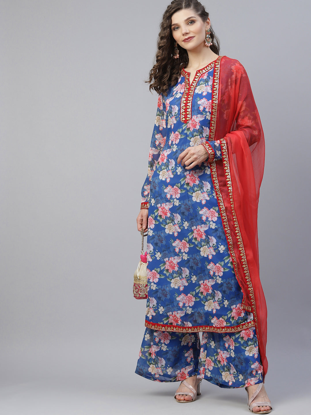 Women's Blue Floral Print Kurta Palazzo With Dupatta