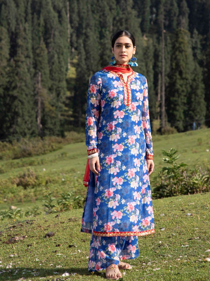 Women's Blue Floral Print Kurta Palazzo With Dupatta