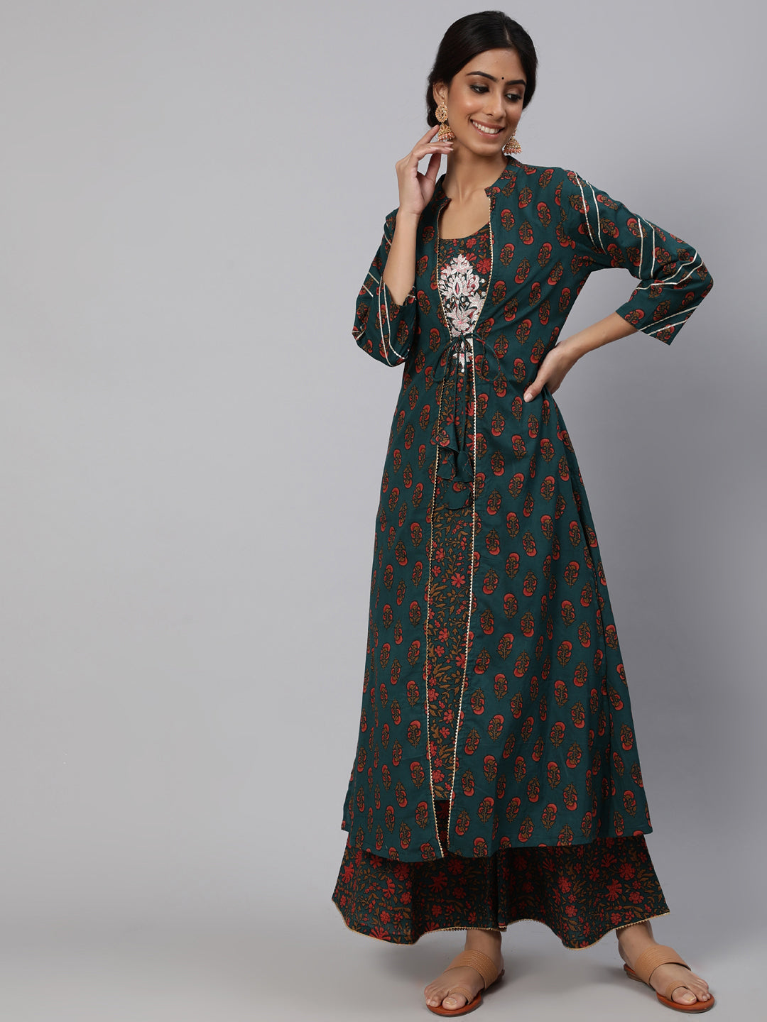 Women's Green Embroidered Kurta Palazzo With Jacket