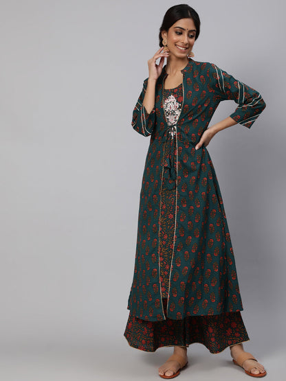 Women's Green Embroidered Kurta Palazzo With Jacket